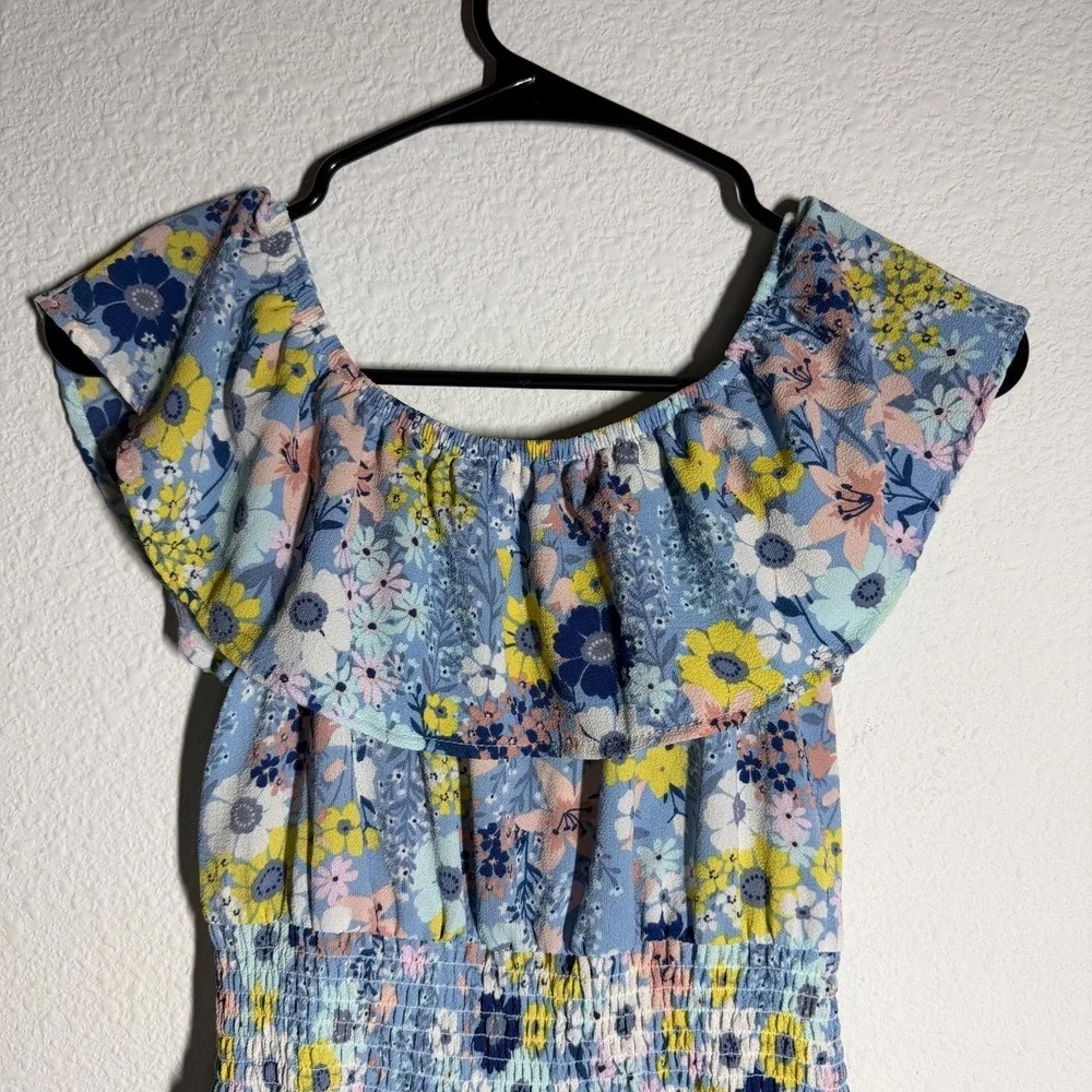 Knit Works Romper Girls 12 Blue Floral Ruffle Smocked Off The Shoulder One Piece
